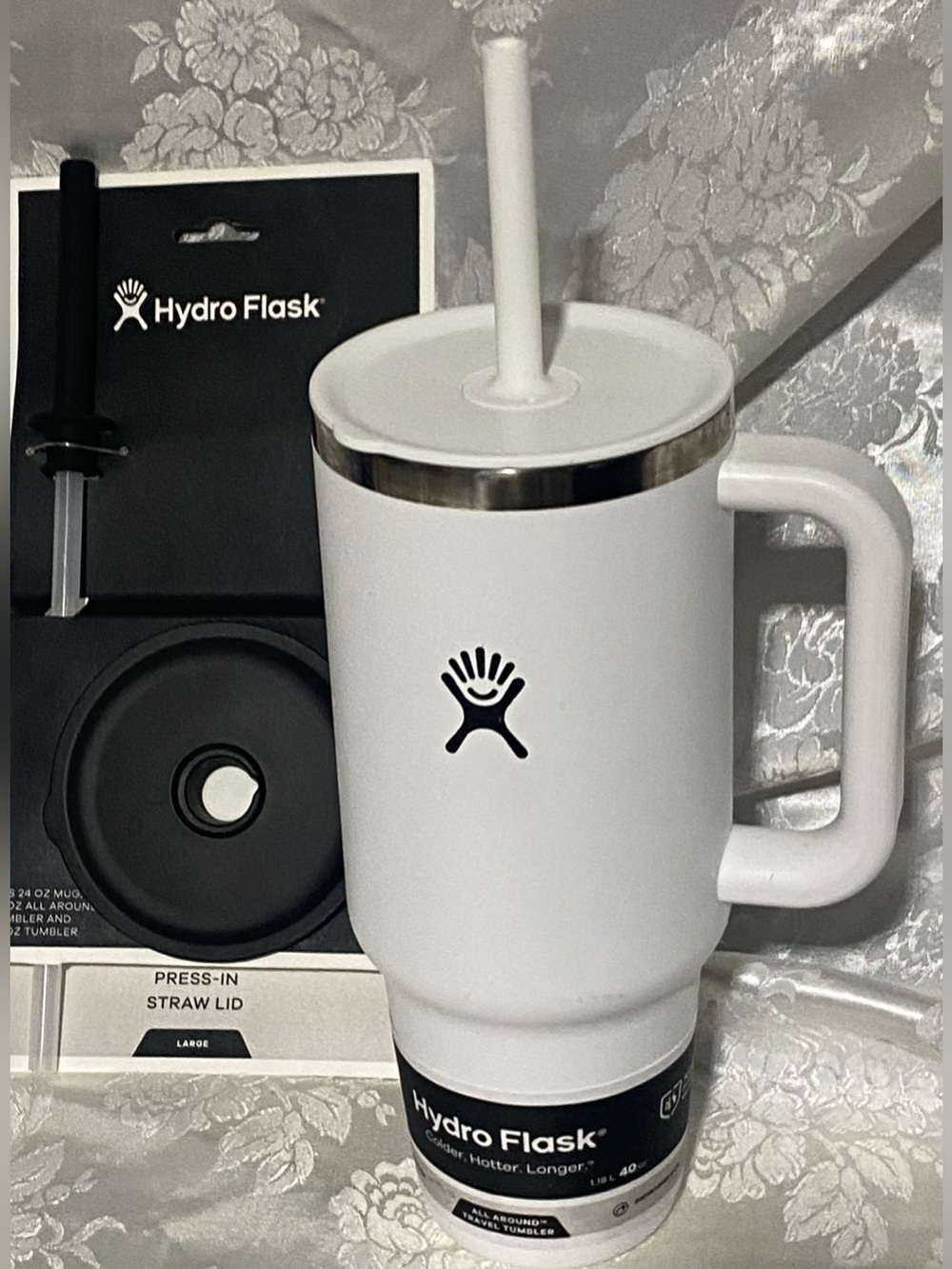 Hydro Flask White Stainless Steel Travel Mug with Straws & Lids  40oz.